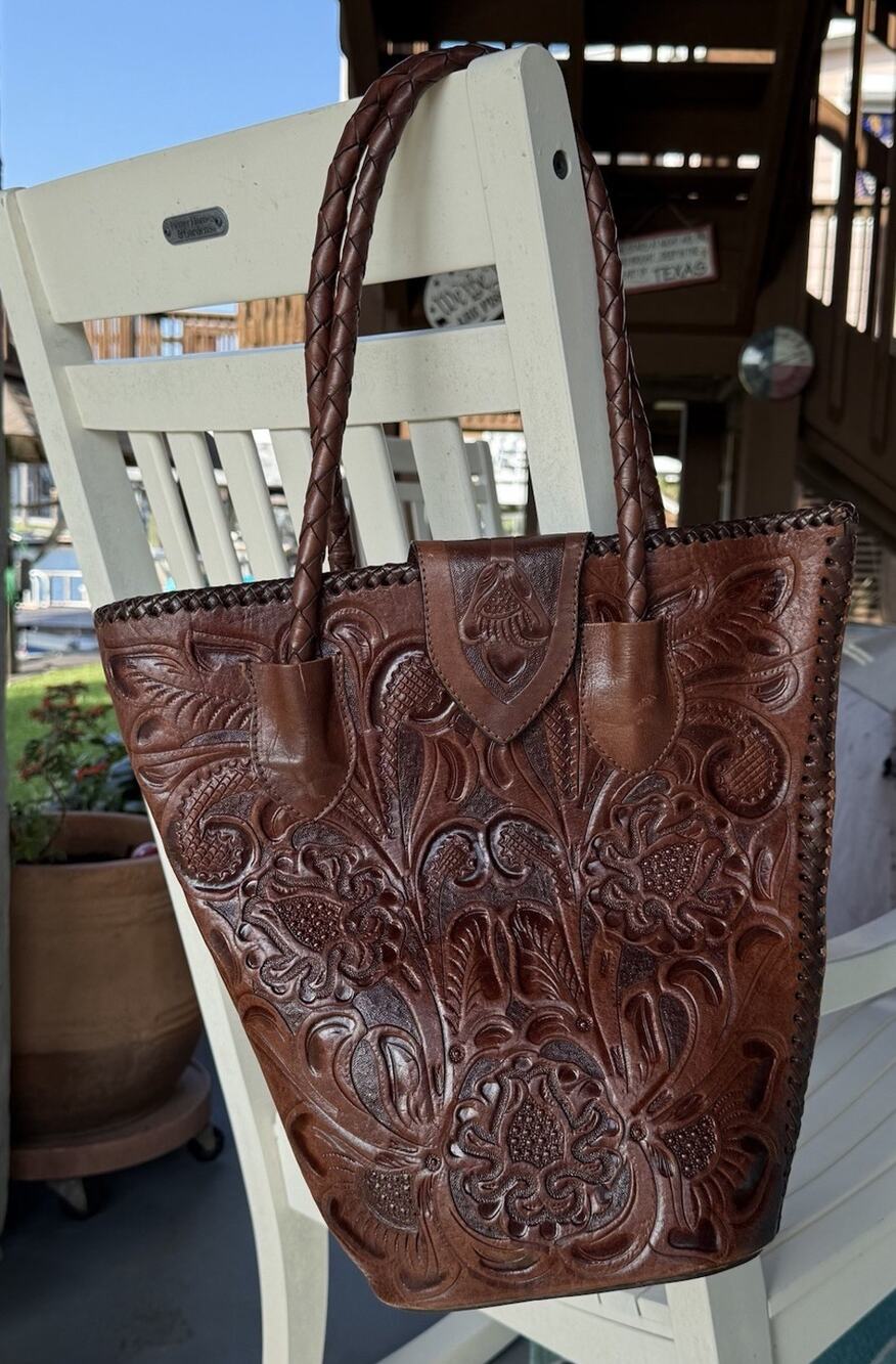Alexandro Yeo Genuine Brown Leather Hand Tooled Shoulder Bag Purse Tote Large